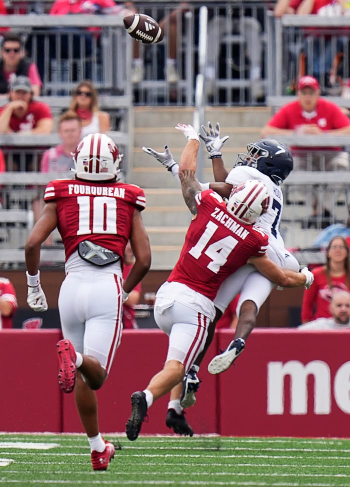 Georgia Southern Eagles wide receiver Khaleb Hood (7) misses the catch due to a break in the play by Wisconsin Badgers safety Preston Zachman (14) during the second half of the game on Saturday September 16, 2023 at Camp Randall Stadium in Madison, Wis.